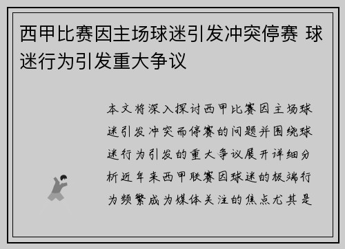 西甲比赛因主场球迷引发冲突停赛 球迷行为引发重大争议