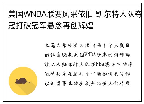 美国WNBA联赛风采依旧 凯尔特人队夺冠打破冠军悬念再创辉煌