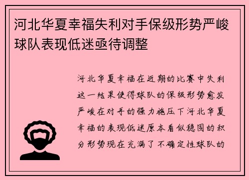 河北华夏幸福失利对手保级形势严峻球队表现低迷亟待调整